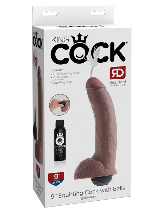 King Cock 9 Inch Squirting Cock With Balls - Brown