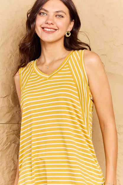 Doublju Talk To Me Full Size Striped Sleeveless V-Neck Top